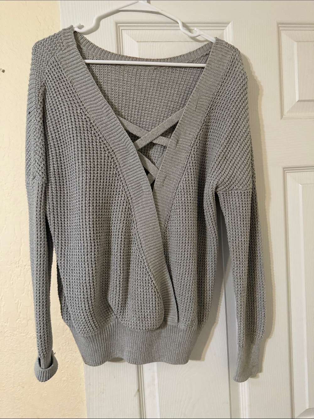 Simply Southern Light Gray V-Neck Crisscross Knit Sweater